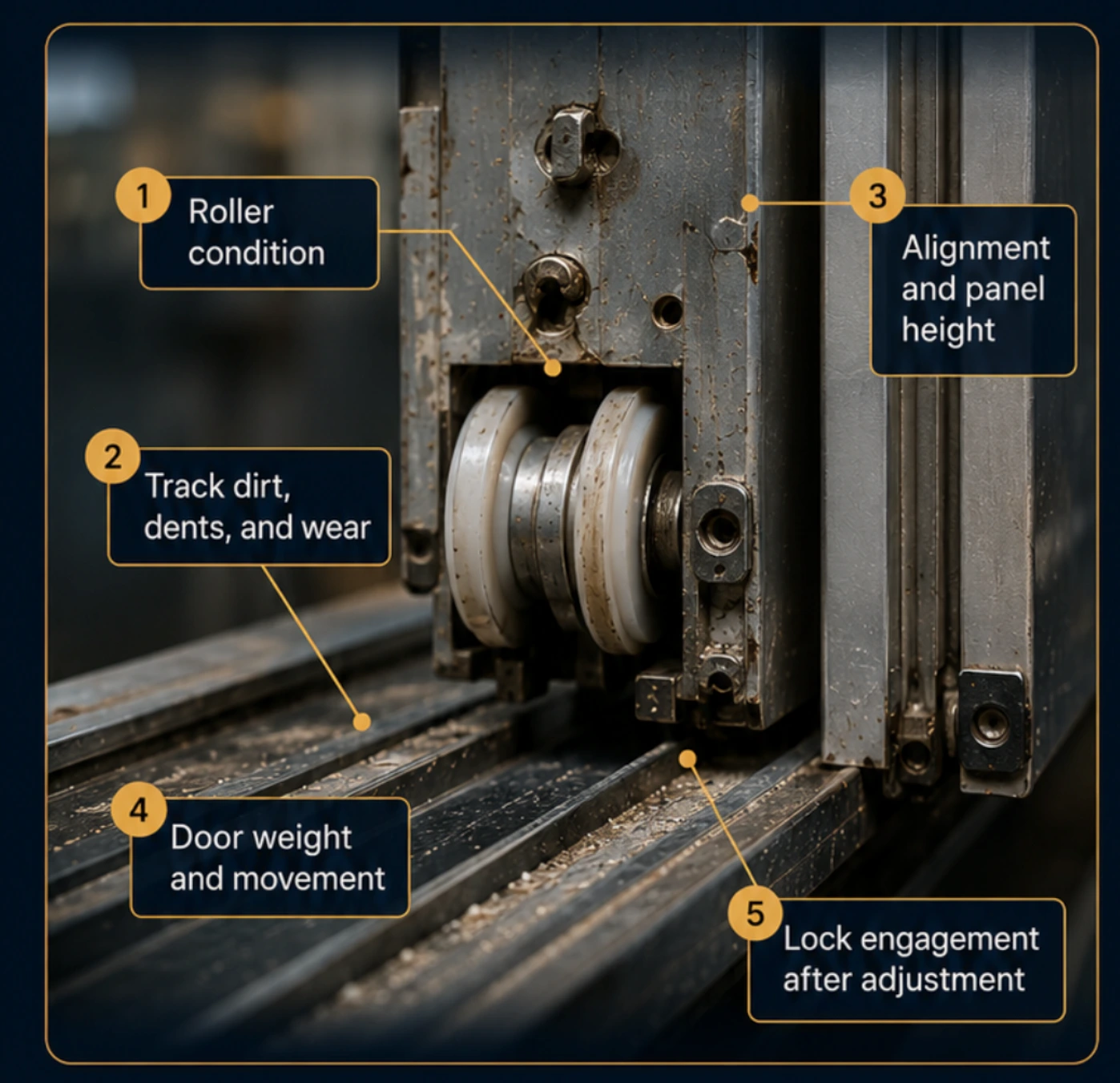 Annotated patio door roller diagram showing the inspection points PatioGlide checks before replacing parts